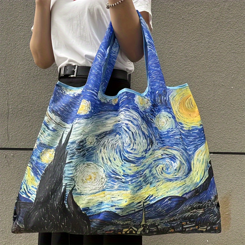 Image of Large Capacity Tote Bag, Lightweight Reusable Shopping Bag, Foldable Nylon Bag With Starry Night Painting Design, Portable Handle Tote.