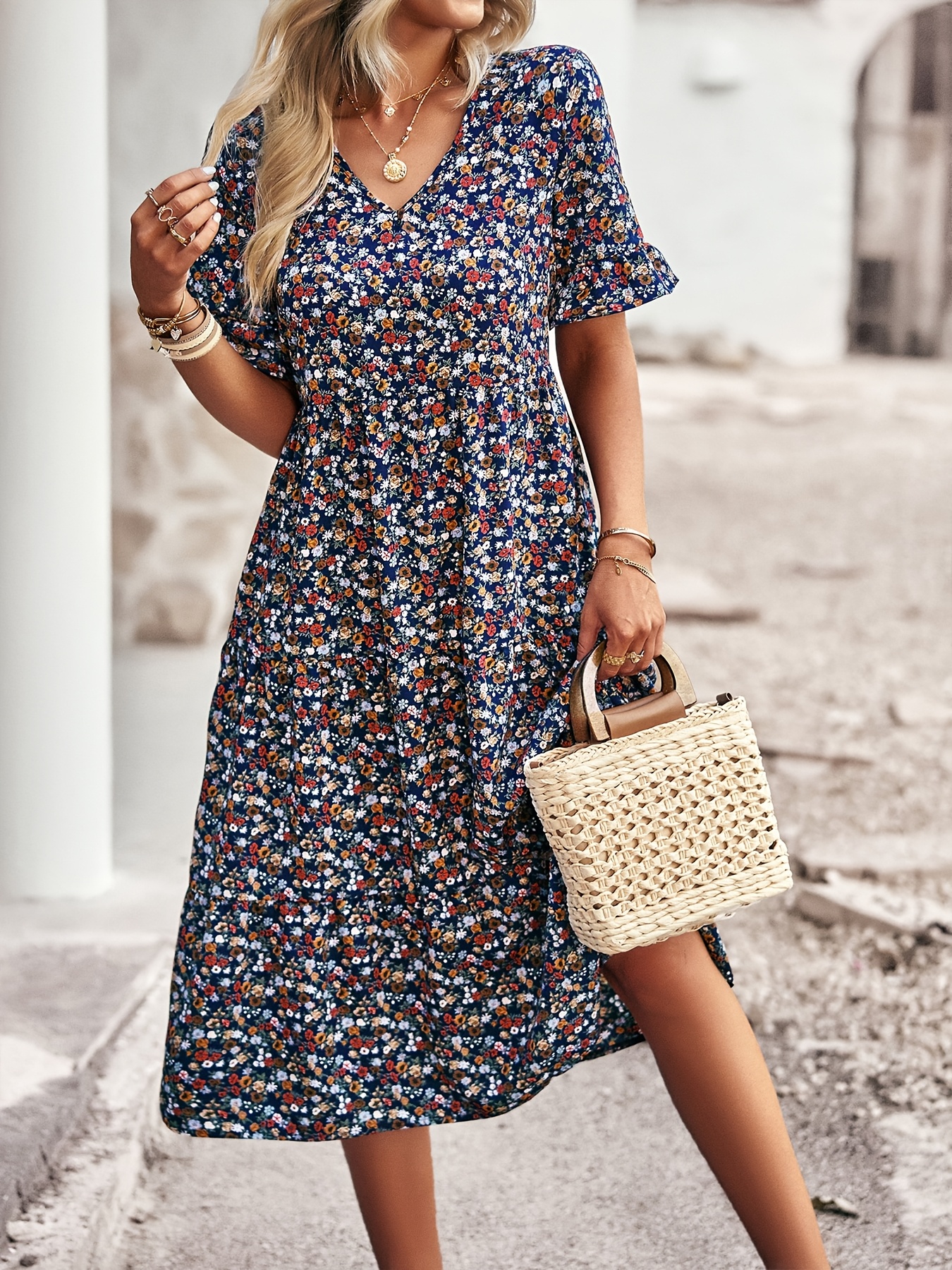 bohemian plus size floral midi dress women v neck short Temu New