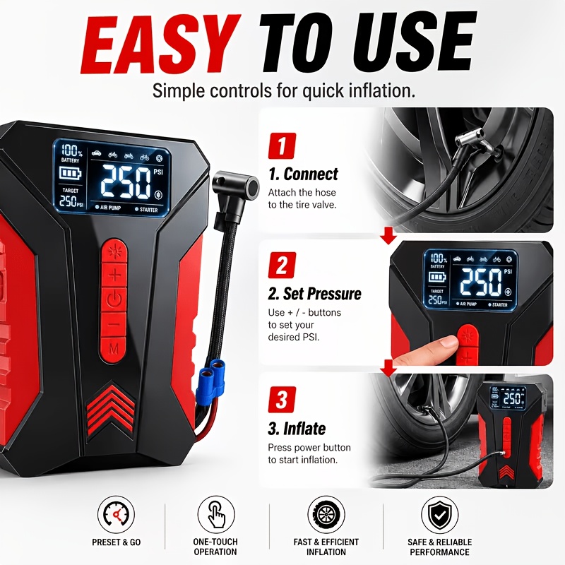 15000a 18-in-1 Portable Car Jump Starter With Tire Inflator, 180psi Compressor, Led Emergency Light, Vehicle Battery Booster Charger, Compact Auto Emergency Kit For Road Trips & Outdoor Adventure