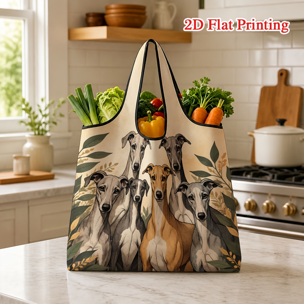 TEMU 1pc Whippet Greyhound Plant Pattern 2d Printed Shopping Bag, Suitable For Grocery Shopping And Travel, Machine Washable With Shoulder Strap,