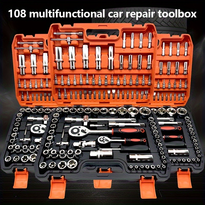 

46/108pcs Auto Repair Tool Kit With 1/4", 3/8", /2" Drive Sockets & Ratchet Wrench Set - Steel, Orange