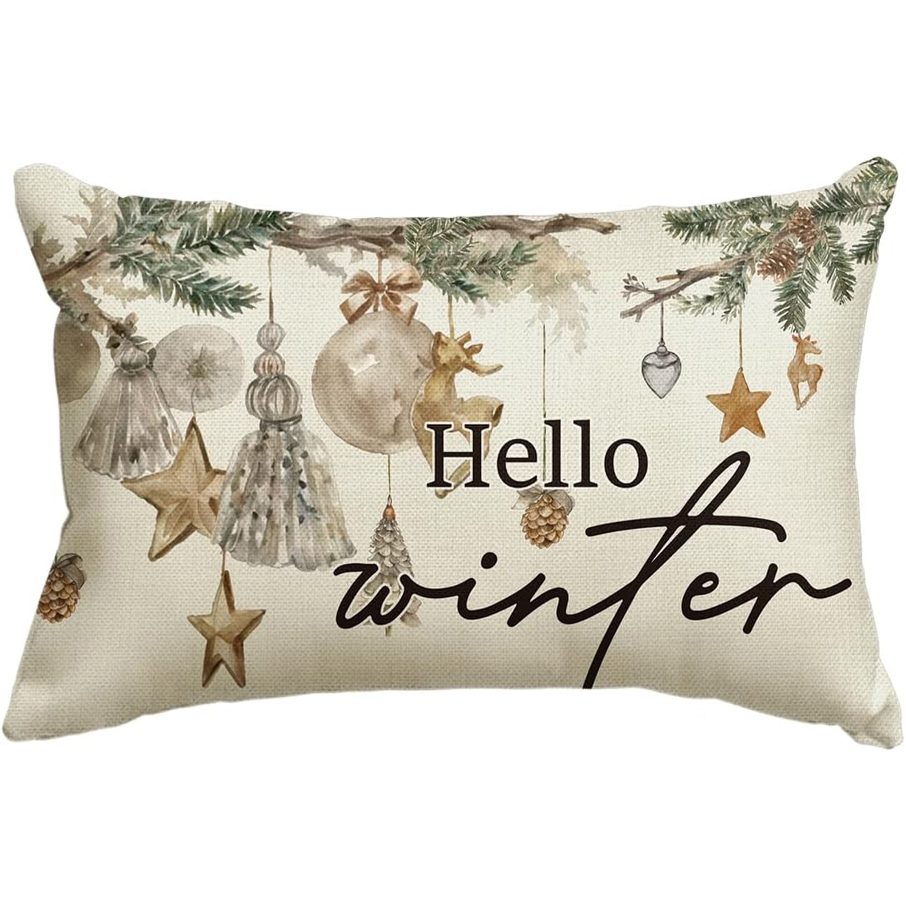 

Charm, Hello Winter" Christmas Throw Pillow Cover 12x20 Inch - Reindeer & Pine Cones Design, , Zip Closure - Sofa & Couch Decor (pillow Not Included)