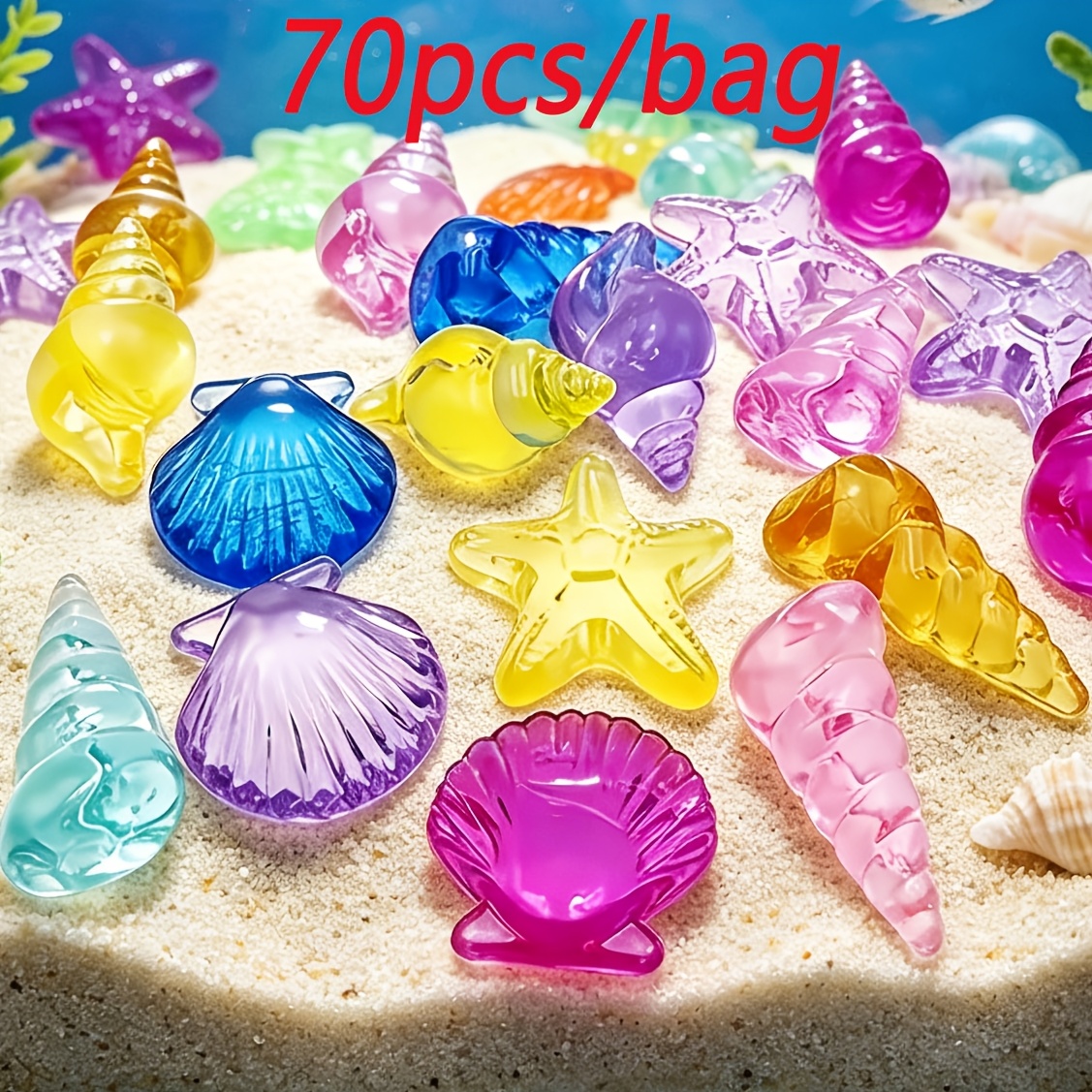 TEMU 70pcs, Artificial Resin Marine Creatures, Transparent And Colorful To Summer Beach Atmosphere, Starfish, Shells, Conches, Fish Tank Landscaping