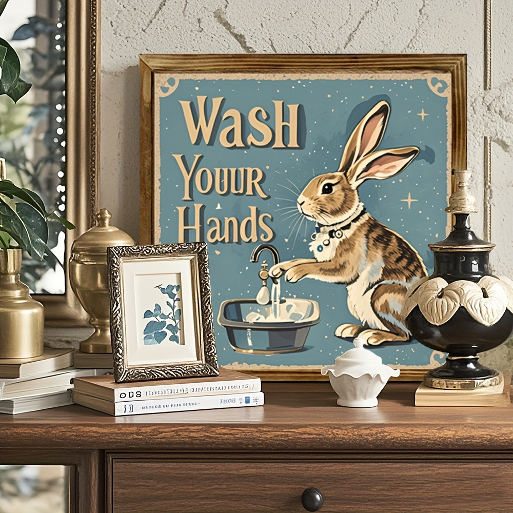 

An 8x8 Inch Wooden Easter Country Sign (with A Rabbit Looking At You While Washing Hands) For Cottage Wall Art, Home Decor, No Power Required, Suitable For , Living Rooms, Desks, And Shelves.