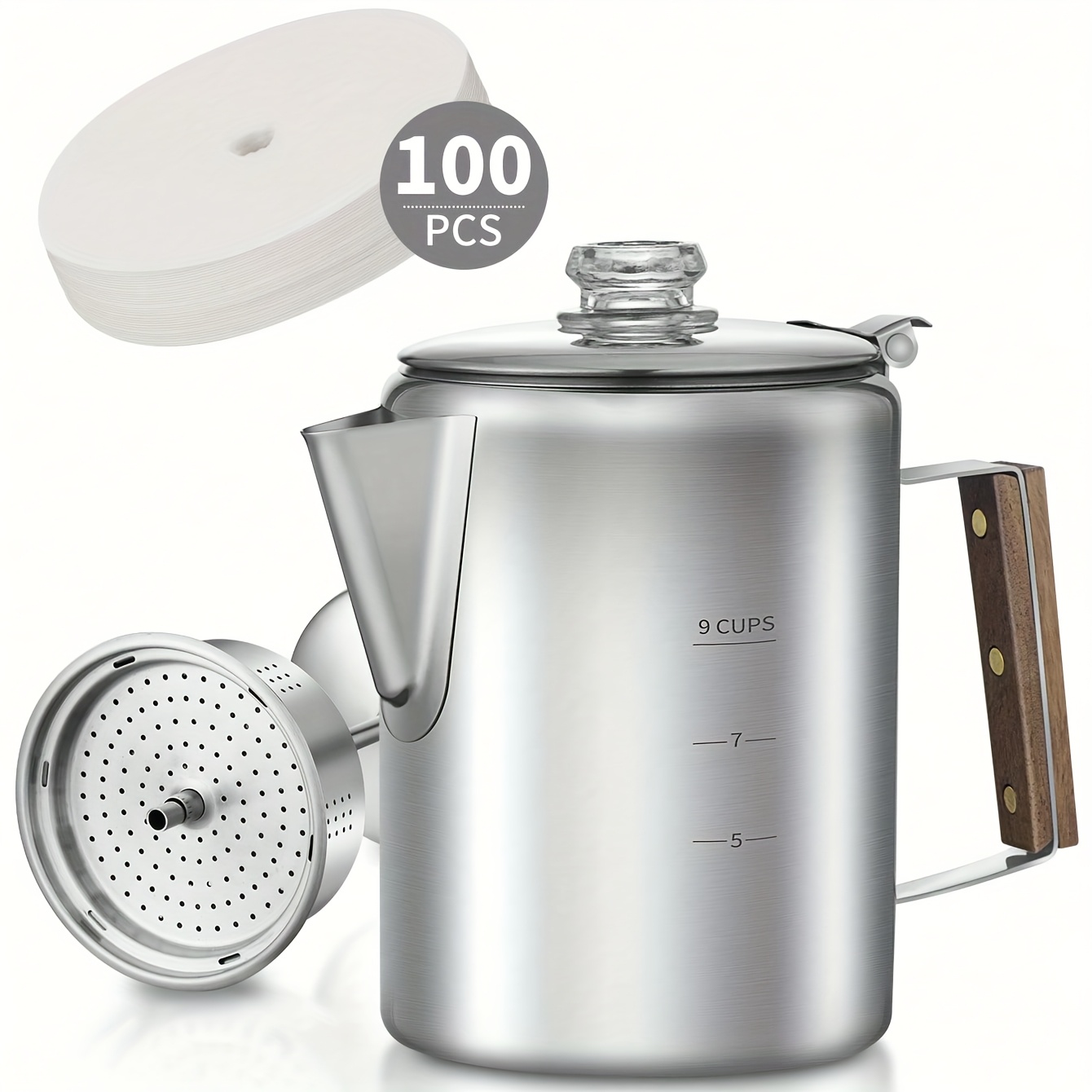1pc Stainless Steel 9-Cup Coffee Percolator with Glass Lid & Heat-Resistant Tube - Stove Top Coffee Pot for Induction, Gas,  , Camping, Home Use - Durable, Easy-Clean, Large Capacity Coffee Maker