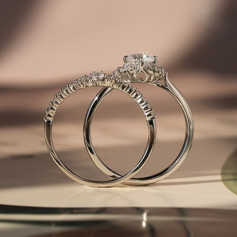 V-Shaped Rhinestone Engagement & Wedding Ring Set