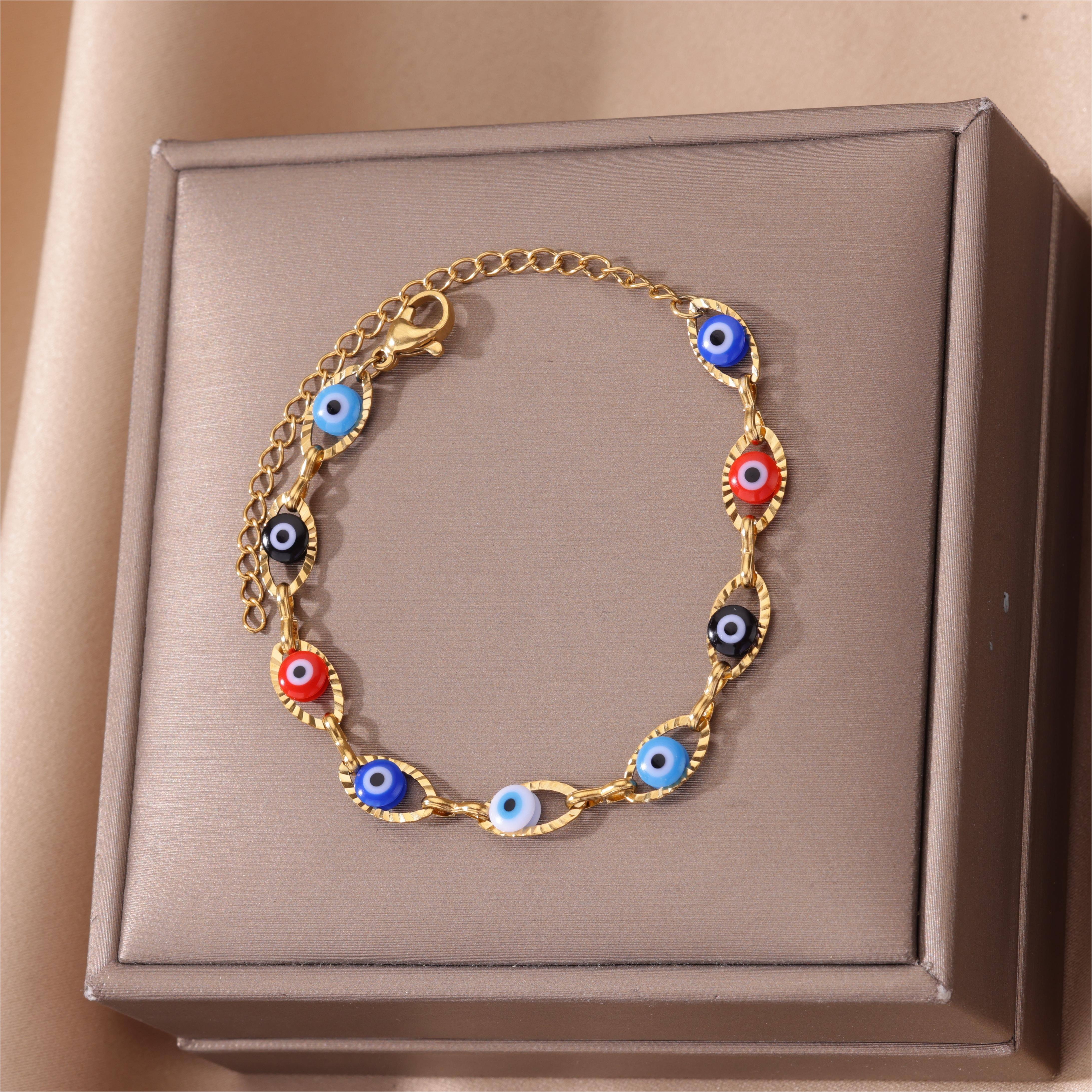 TEMU Pulsera Con Dije De Ojo Malvado Chapado En Oro De 18 Quilates De Acero Inoxidable, Accesorios De Joyería De Mano De Buena Suerte