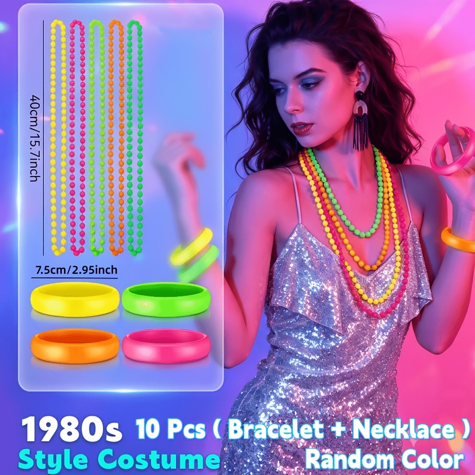 TEMU 10pcs Glow In The Dark Party Supplies Neon Party Favors Jewelry Beaded Necklaces Bracelets Neon Accessories, 80s Women Costume Accessories Set,