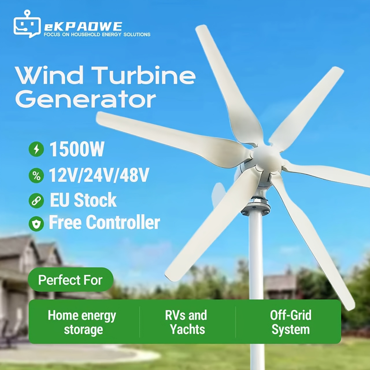 Image of 1500w High- Magnetic-core Horizontal-axis Wind Turbine, 12/24/48v | Free Mppt Controller Included | 6-blade Design | Low-wind--up | 20-year Service Life | Lightweight, Stable, And Safe