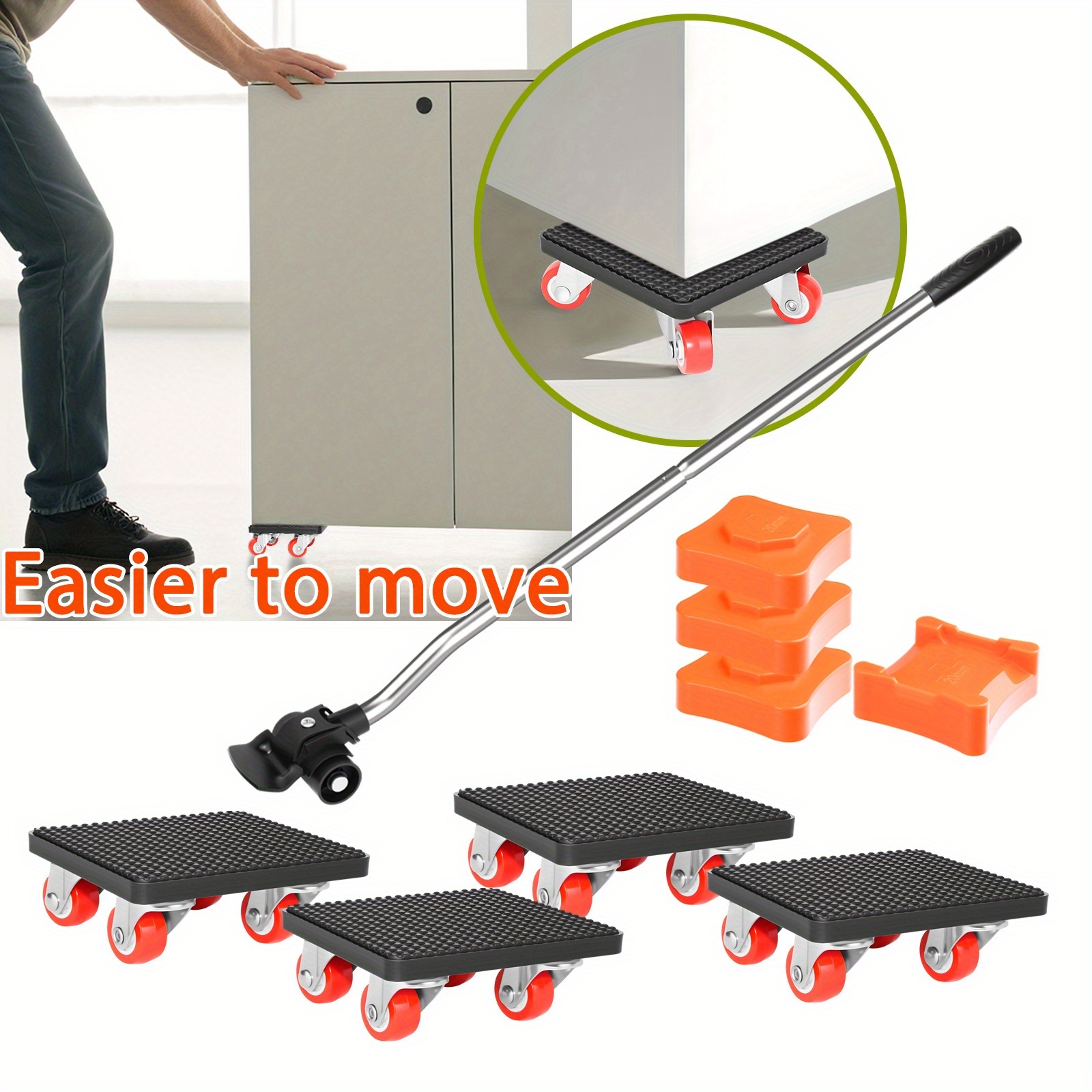 Furniture Moving Dolly Set With Lever & Risers, 4 Rolling Carts With 360° Wheels For Moving Sofas, Tables, Cabinets, Refrigerators On Flat Ground