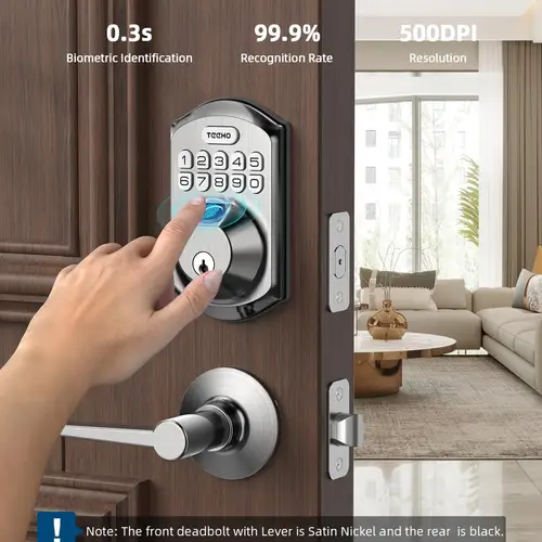 Fingerprint Door Lock with Handle & Electronic Keypad Deadbolt - Keyless Entry , 0.3 Biometric Fingerprint Recognition, Anti-Slam Nickel , for Front Doors (AA Battery Operated), Biometric Door Lock