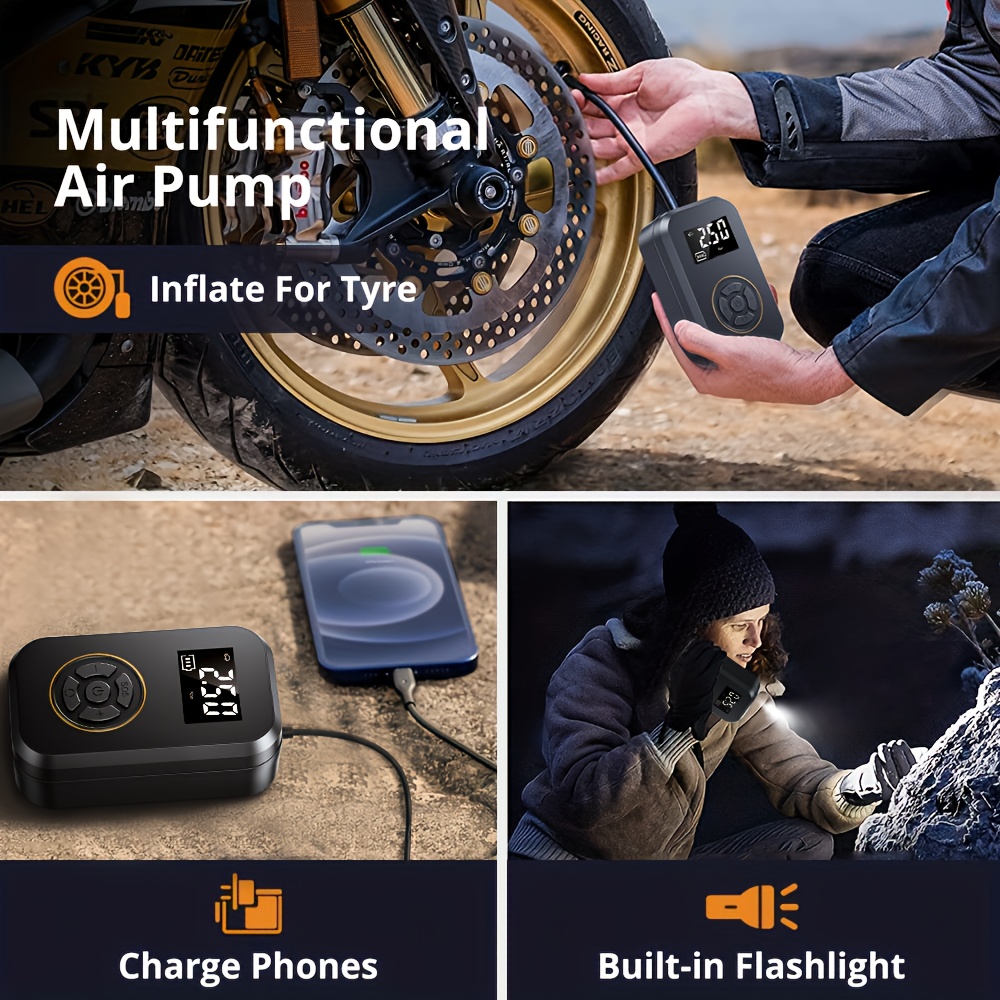 Gonfleur de pneu de moto sans fil 120 Watt avec affichage numérique, compact et doté d'une lumière LED et de buse de gonflage – Image 4