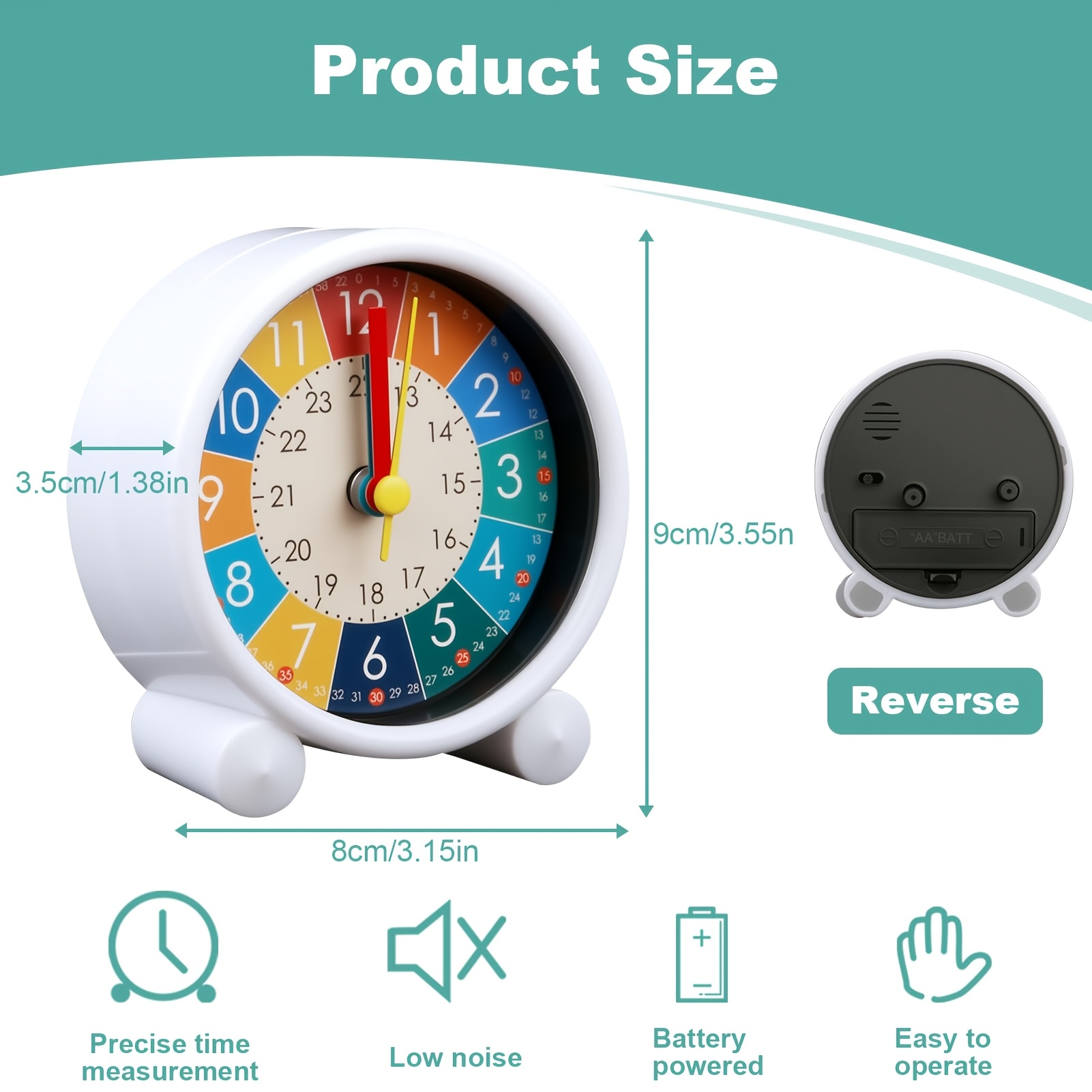 Rainbow Alarm Clock With 24h Display - Silent No-ticking, Aa Battery Powered (batteries Not Included), For School And Bedroom, Compact (9cm) Space- And Portable, Gentle Alarm