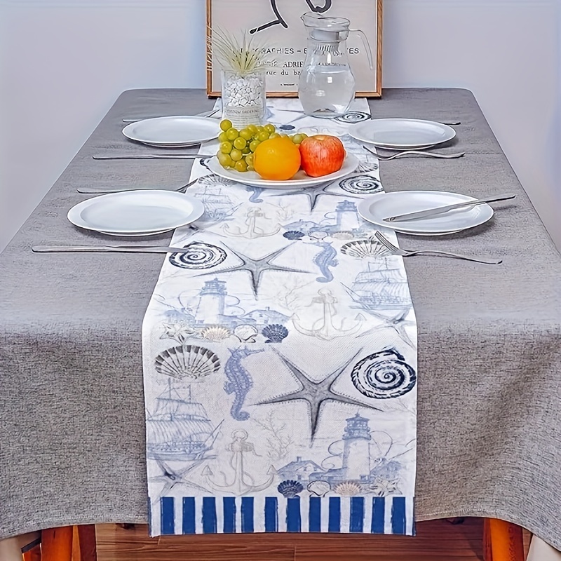 

1pc, Polyester Table Runner, Ocean Marine Theme With Nautical Sea Animals, Retro Blue, For Indoor & Outdoor Parties, Farmhouse, Family Gathering, Home & Dining Table Decor