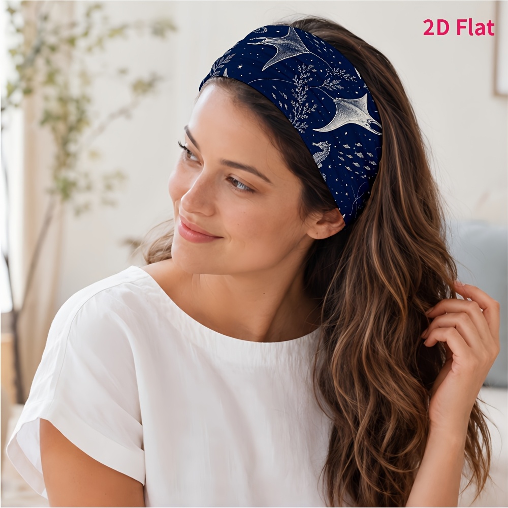TEMU 2d Flat 1pc New Style Hair Band, Base With Silvery White Jellyfish And Ocean Pattern, Suitable For Yoga/fitness/daily Commute/skincare, Photo