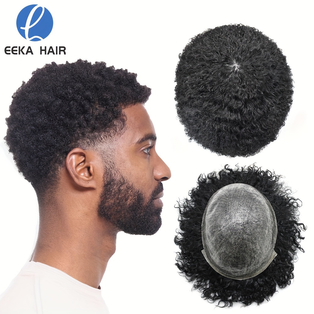 Afro Toupee For Men Weave Hair Unit Afro For Curly Wave Afro Toupee African American Men Wig Brazilian Hair Full Poly Hairpieces Base Size 8 10 Hair Density 120 6 8 10 12 14mm wave Black