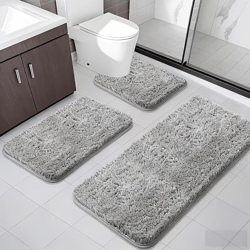 TEMU 3pcs Fluffy Bathroom Rug Set, Ultra Soft Microfiber Shaggy Bath Mats, Water Absorbent Non Slip Contour Toilet Mat & Long Shower Runner Rug,