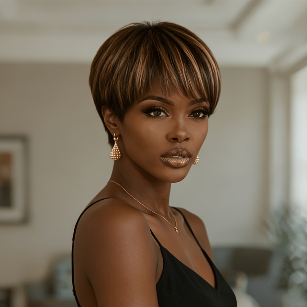 Women's Layered Short Straight Cut Human Hair Wig With Bangs Brown/blonde Highlights | Balayage Style, Peruvian Hair, Density, , Machine- Daily Wear, Parties &