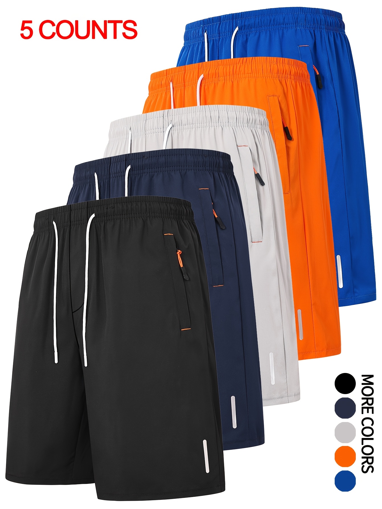 5pcs Black, White, Teal, Navy Blue, Dark Grey Men's Summer Casual Shorts with Elastic Waistband, Drawstring & Zipper Pockets - Lightweight & Breathable for Casual Attire, Breathable Shorts | Drawstring Shorts | Stylish Shorts