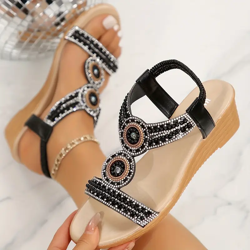 womens rhinestone faux pearl sandals elastic ankle strap lightweight soft sole shoes summer wedge holiday shoes 35 black 11