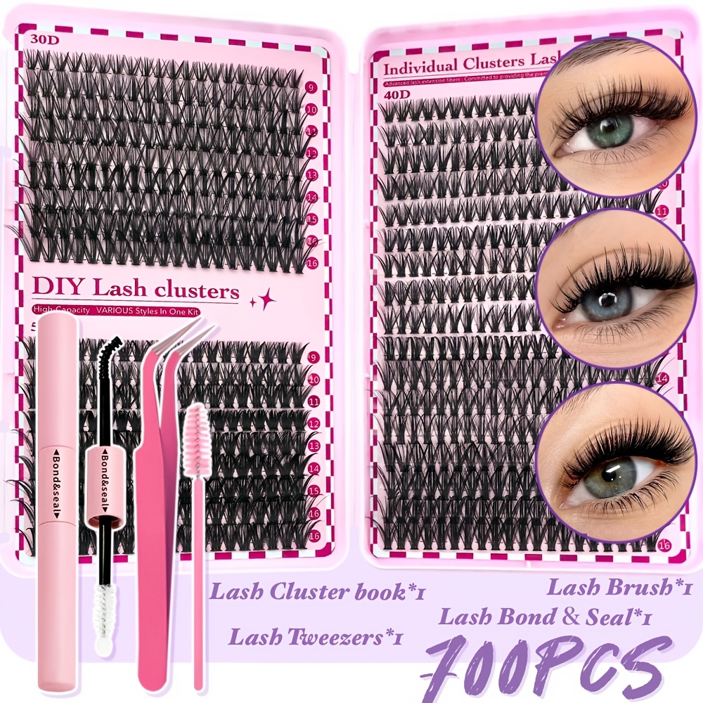 Image of Diy Eyelash Lash Clusters Extension Kit3040506080100d-600-700-800pcs, Cluster Eyelashes - D Cluster Reusable Eyelashes Natural Look, Glue Hold & Tweezer Tool For Self Applicator At Home