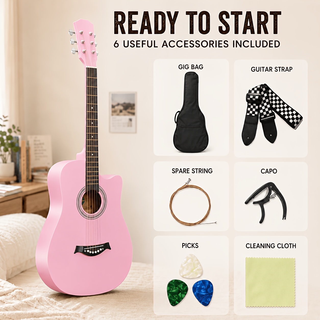 38 Inch Beginner Acoustic Cutaway Guitar, Entry-Friendly Smooth... product image 12