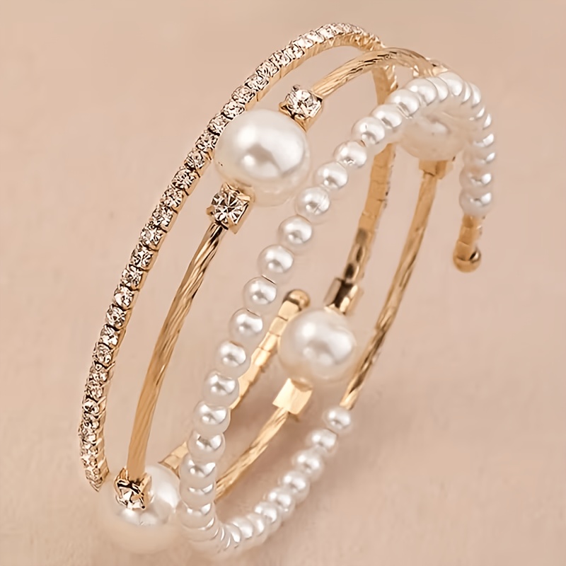 TEMU 1pc Golden And White Elegant And Rhinestone Cuff Bracelet, Simple Holiday Theme, Wrap Wristband, Stackable Women's Fashion Jewelry, Holiday Gift