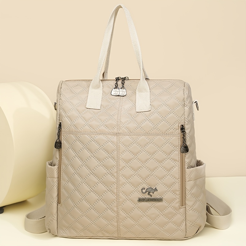 TEMU Elegant Style Women's Fashion Backpack, Large Capacity Nylon Women's Backpack, Quilted Rhombus Design, Convertible To Single-shoulder Crossbody