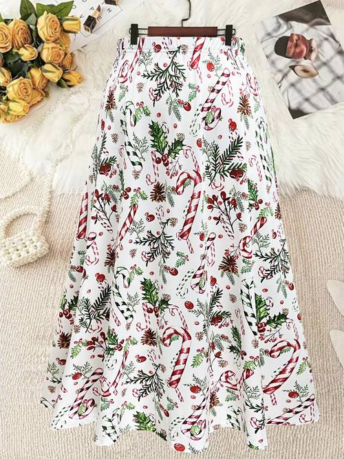 plus size womens christmas print flared skirt stretchy elastic waist casual a line skirt with holly candy cane design machine washable festive party wear christmas skirt nontransparent fabric