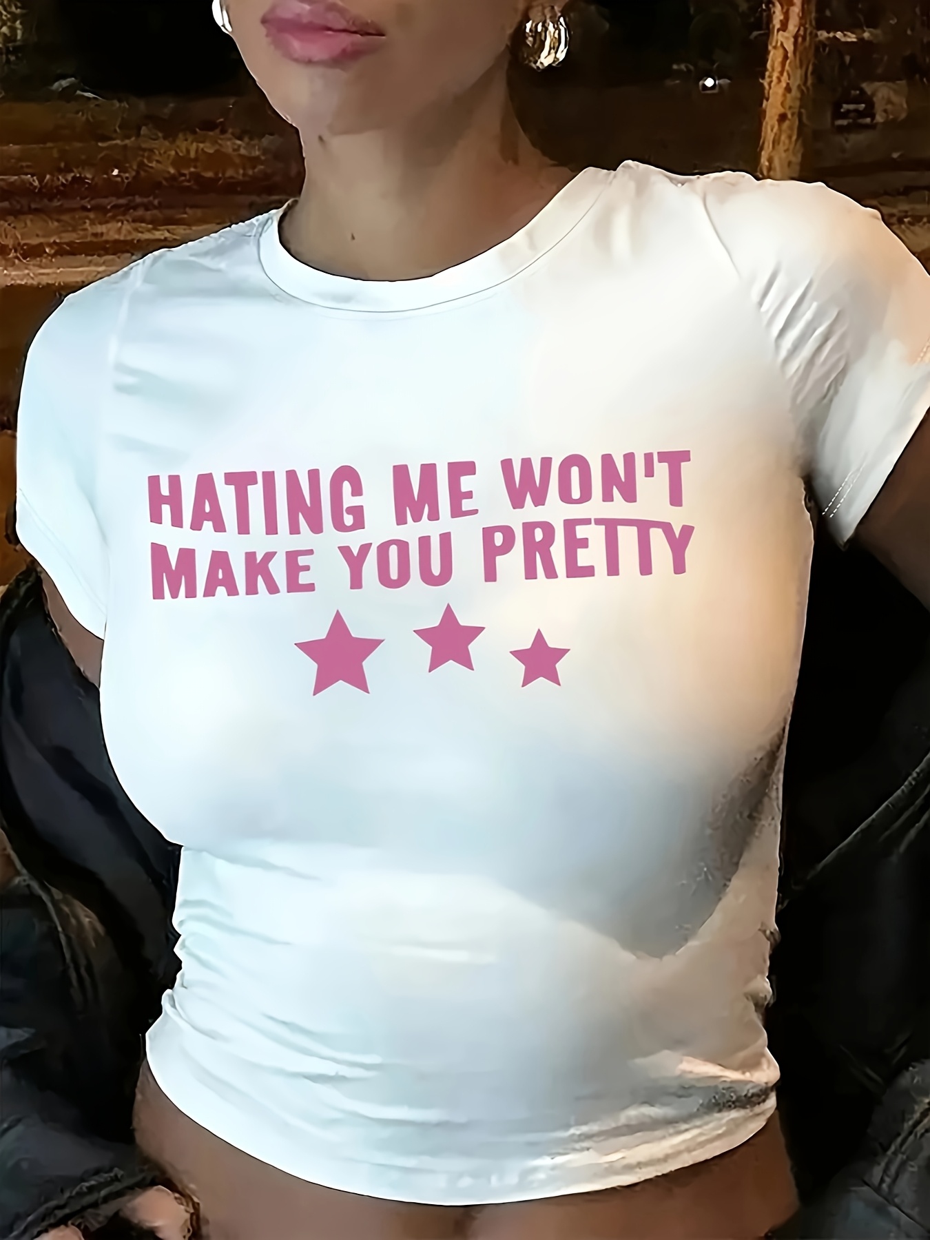 womens y2k graphic t shirt hating me     pretty slogan   white with pink lettering casual round neck short sleeve   washable    