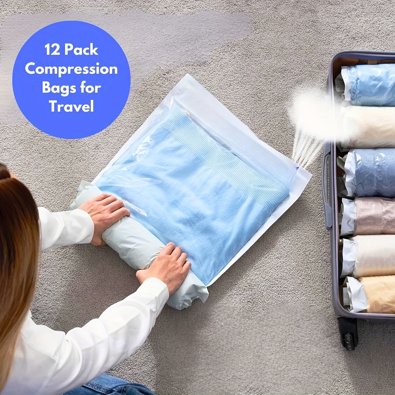 TEMU 12pcs Vacuum Storage Bags For Clothes - Transparent Travel Bags With Hand Pump, Space Saver Organizers For Luggage & Suitcases, Packing Bags For