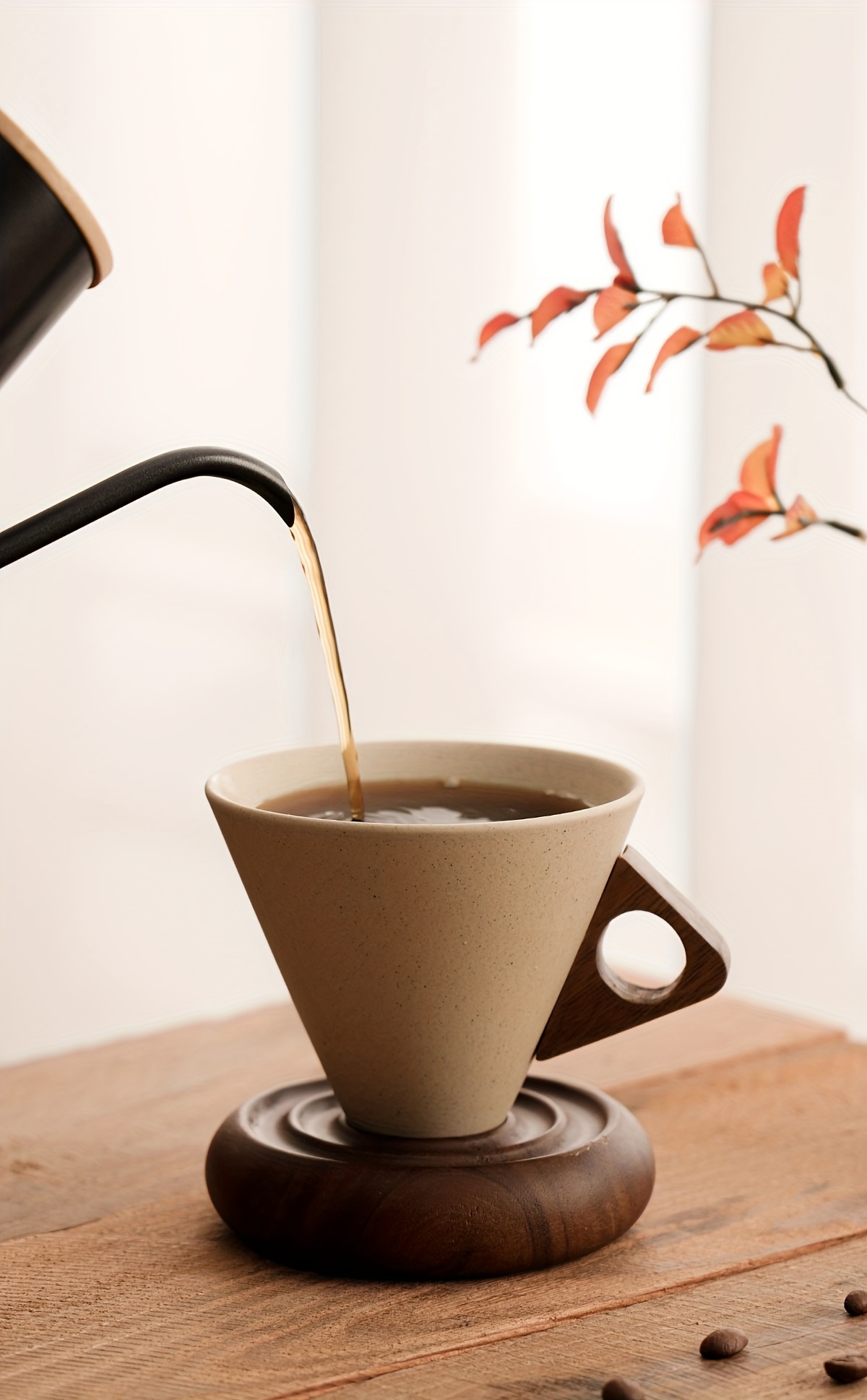 1 Thick Ceramic Handmade Coffee Cup with Wide Spout, Funnel Shape and Genuine Wooden Handle & Coaster Set for High-End Home Office Café Use - Ideal as a Present