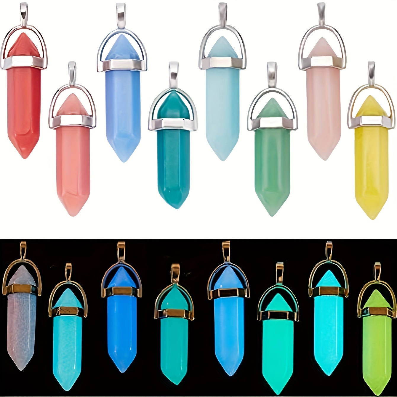 

12-piece Set Fashion Crystal Hexagonal Prism Pendants, Synthetic -the-dark Bullet Shaped Charms For Diy Necklace, Bracelet & Keychain Jewelry Making - Ideal Gift