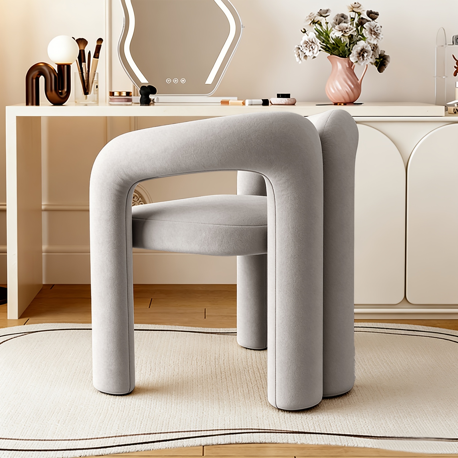 Image of Cream Style Velvet Makeup Chair, Modern Casual Chair, Cute Curved Armrest, Nordic Side Chair, Suitable For Bedroom And Living Room