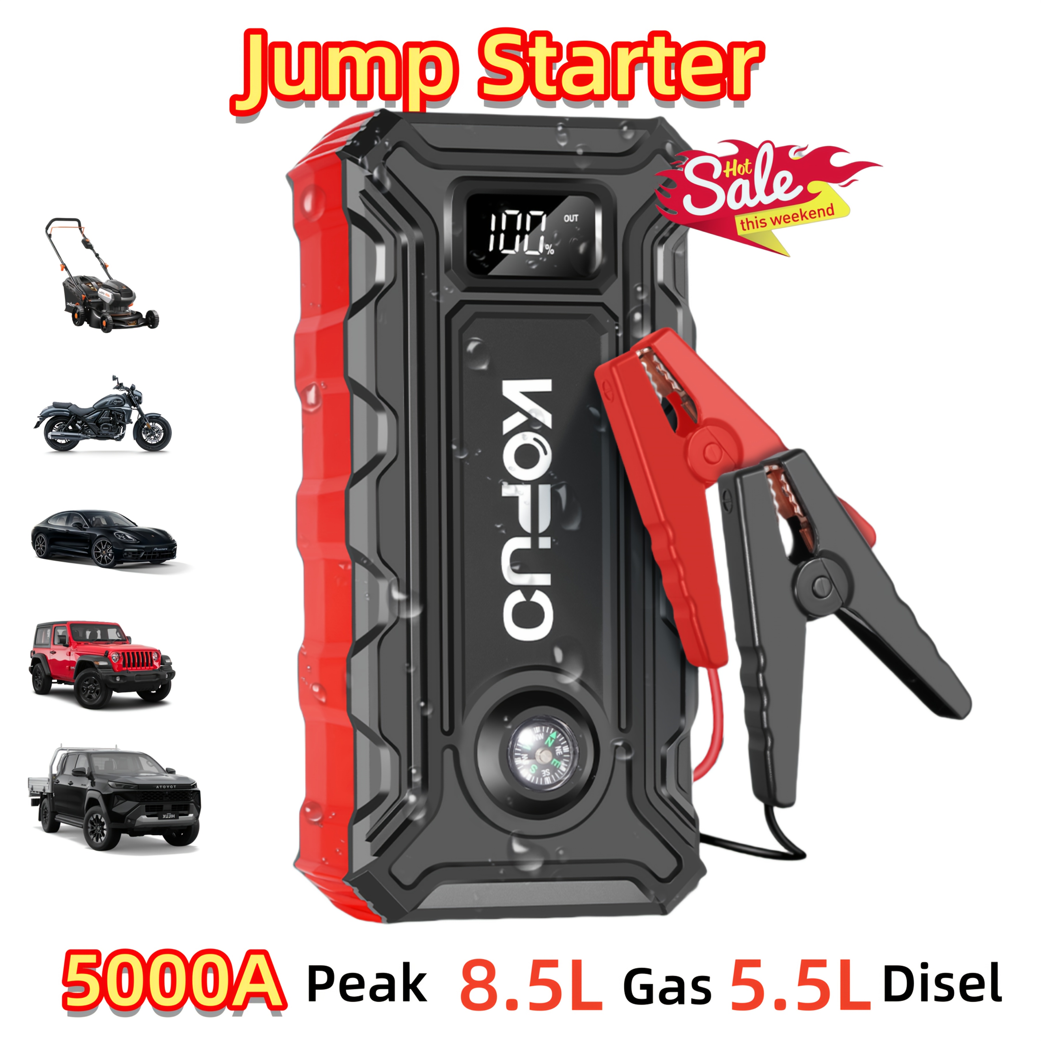 TEMU KOPUO 5000A Démarreur de Voiture Portable 12V, Booster de Batterie pour Moteurs jusqu'à 8,5L Essence/5,5L Diesel, Affichage LCD, Pinces de