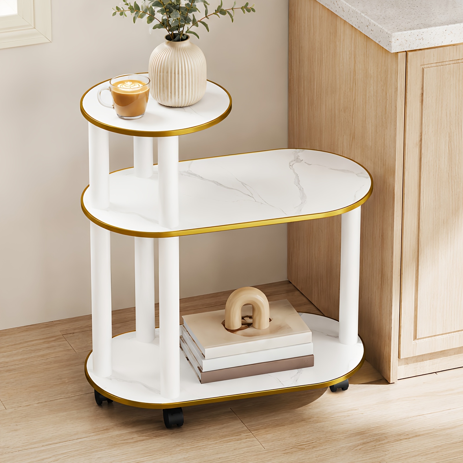3-tier Storage Side Table, Sofa Table With Wheels, Stable Support With Thick Boards Coffee Table, Space- Design Movable Storage Cart For Living Room Bedroom Office
