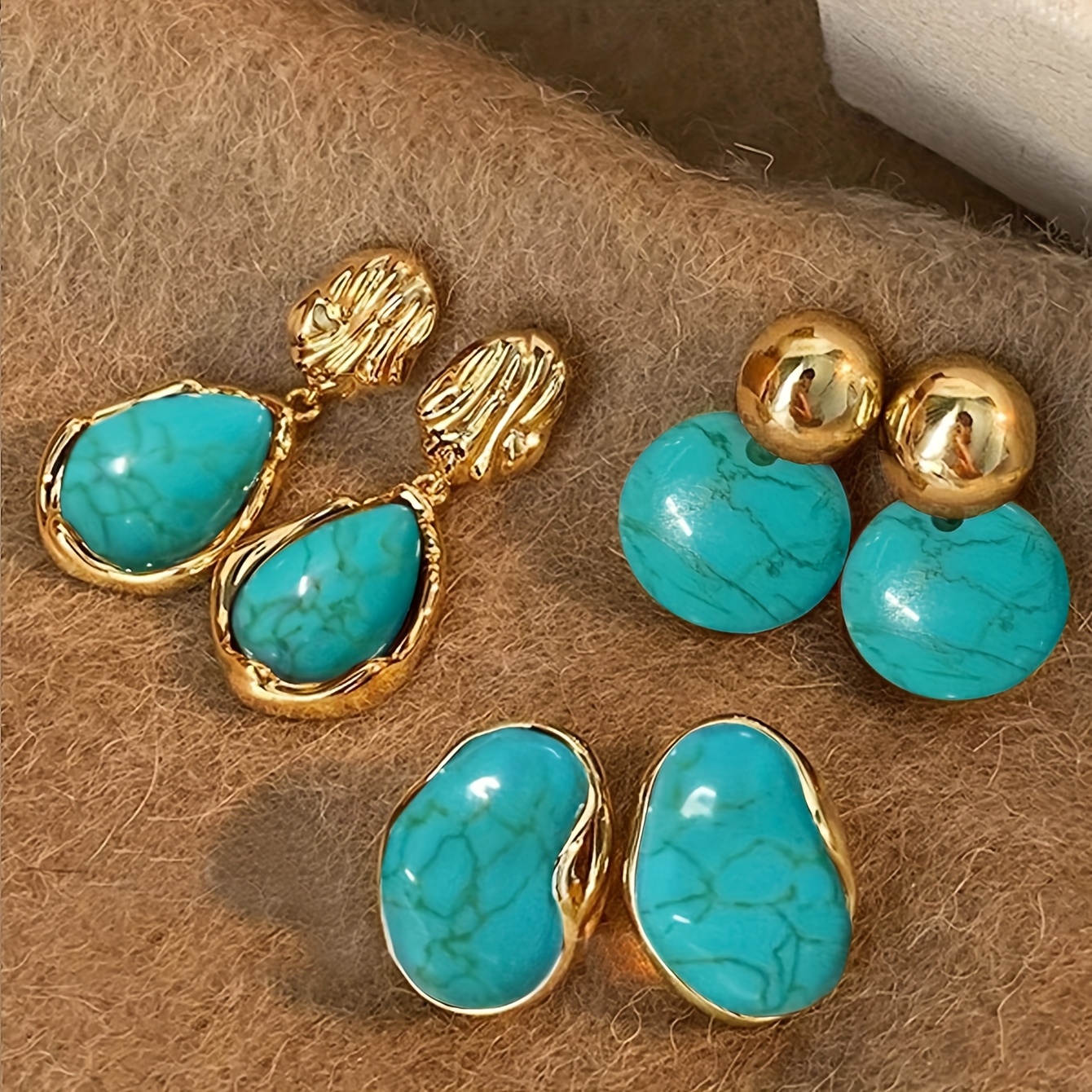 E-shop Set mit 3 Paar Damen-Ohrgehänge, Vintage, elegant, zart, vielseitig hochwertig, mit Bernsteinfarbenem Harz eingelegt, geeignet für den , Partys