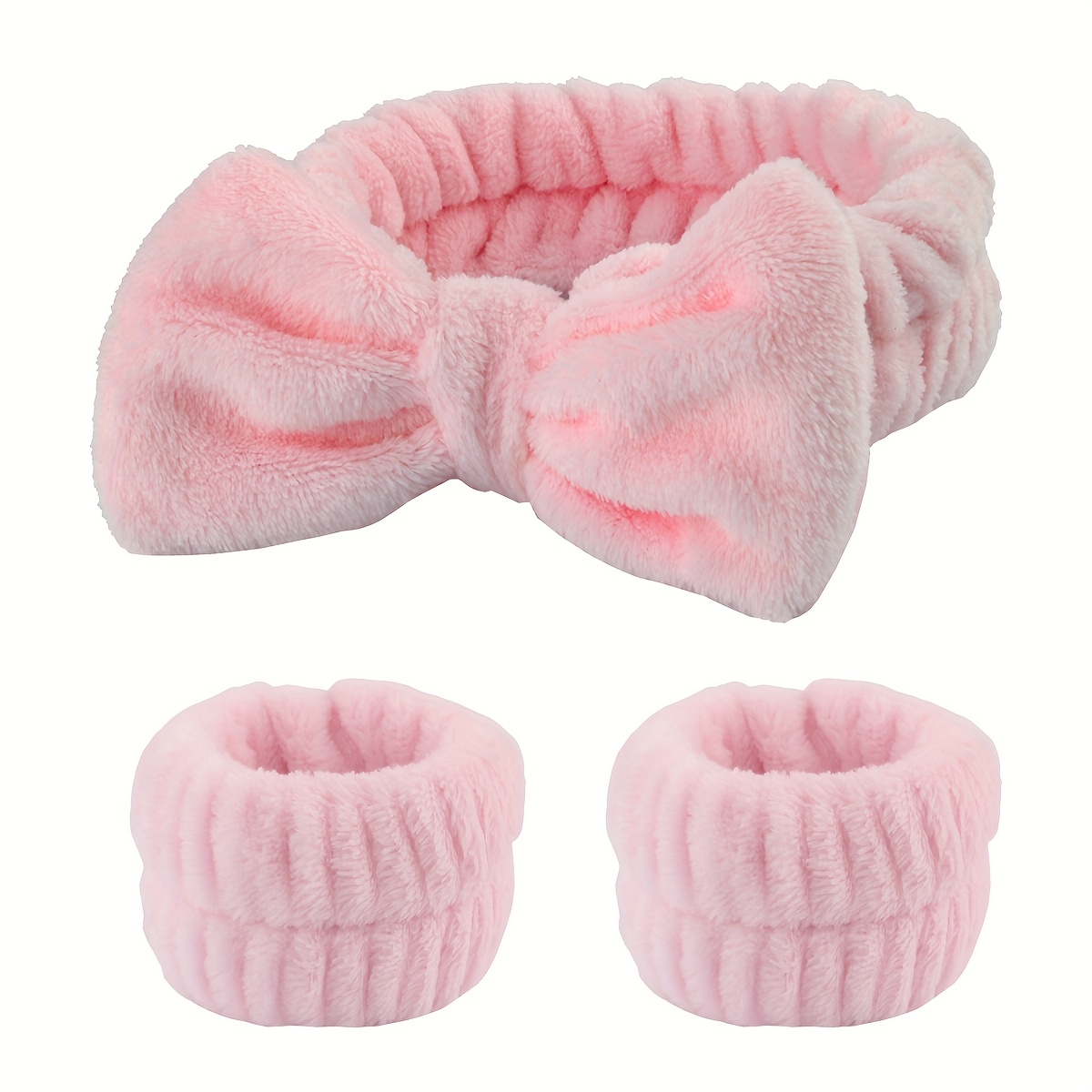 TEMU 3pcs Solid Color Coral Fleece Hair Ties With Bowknot - Soft Makeup Headbands For Washing Styling | Anti-water Facial Headwraps
