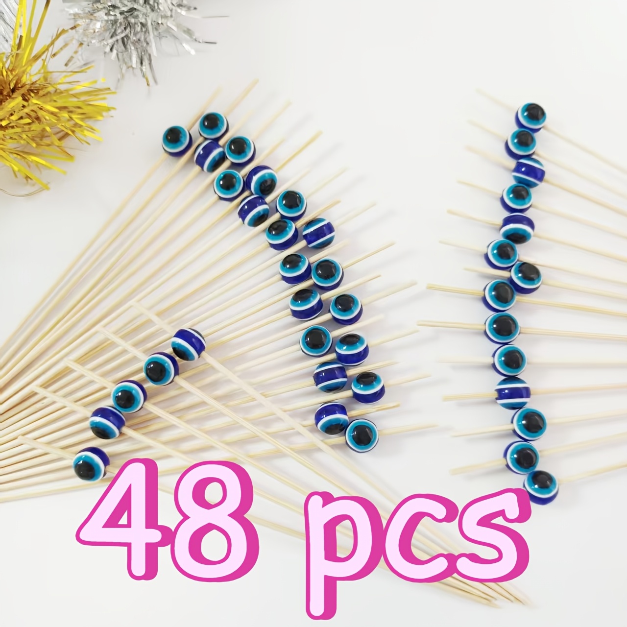 Image of 48pcs Blue Round Resin Evil Eye Beads Cupcake Toppers,bamboo Picks,fruit Skewers,food Picks,charcuterie Accessories,halloween Party Supplies,horror Theme Party Decoraction,halloween, Christmas