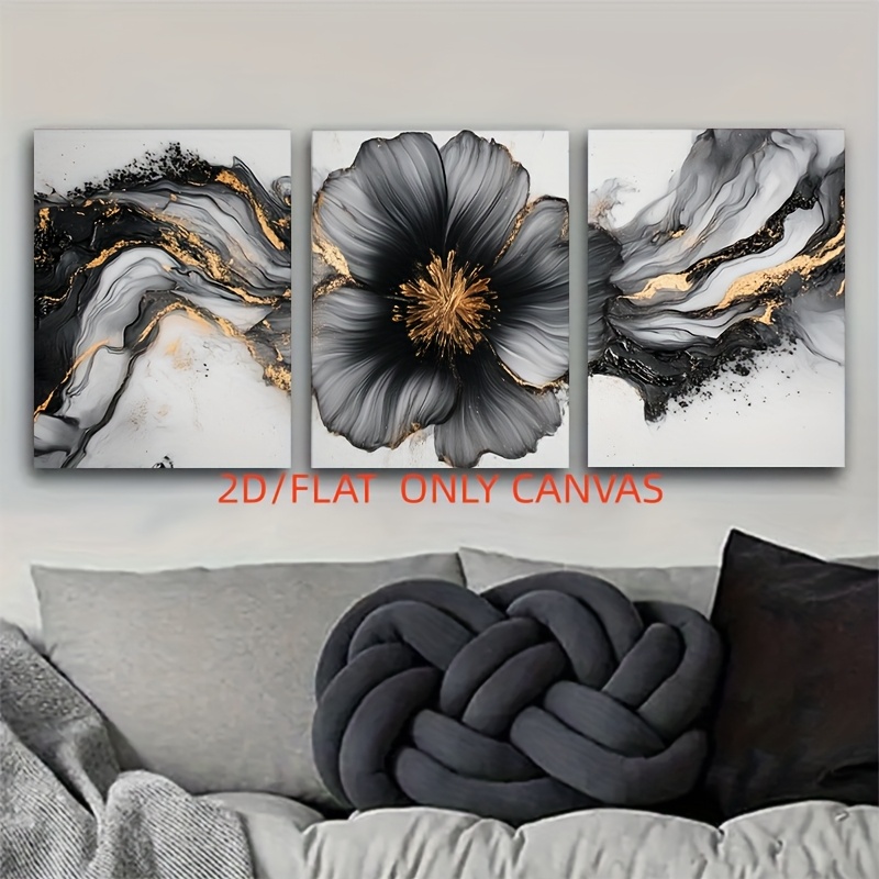TEMU 2d Flat, (2d/flat)a Set Of 3 Modern Abstract Floral Canvas Art Pieces In Black, White, And Golden Suitable For Home Decoration, Bedroom, And