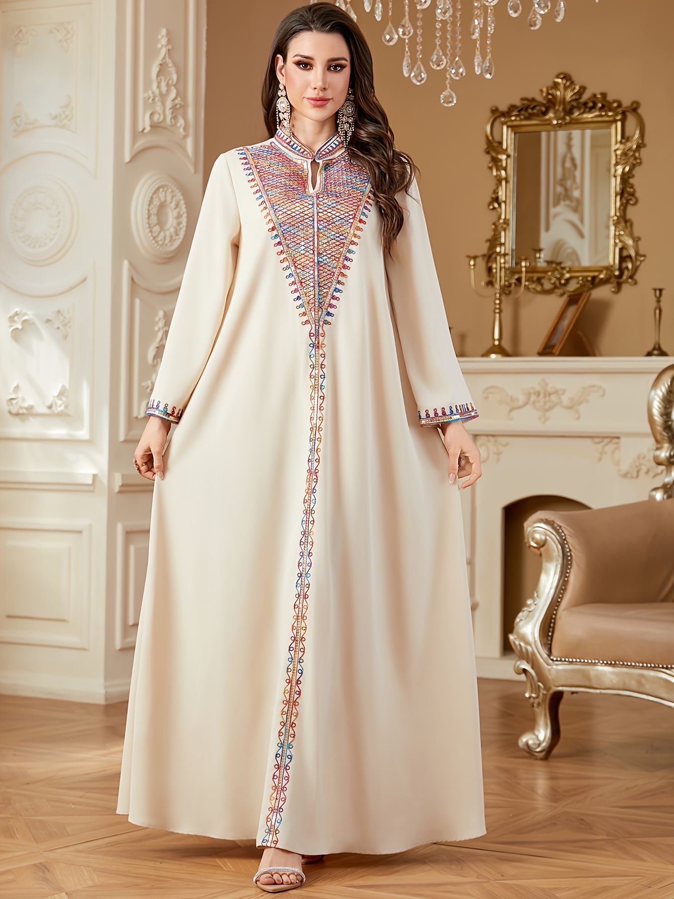 Women's Elegant Middle Eastern Abaya Dress - Long Sleeve V-Neck Embroidered  Loose Fit A-Line with Beaded Detailing, Machine Washable Solid Color ...