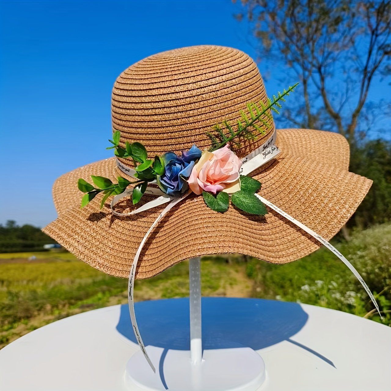 Easter Garland Decor Sun Hats Trendy Wide Brim Ruffle Straw Hats Classic Solid Color Travel Beach Hats for Women Girls,Temu