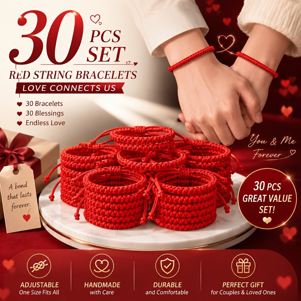 TEMU Set Of 30 Red Handcrafted Vintage String Rope Bracelets, Perfect For A Bohemian Valentine's Day Gift. Adjustable Red String Bracelet Chains