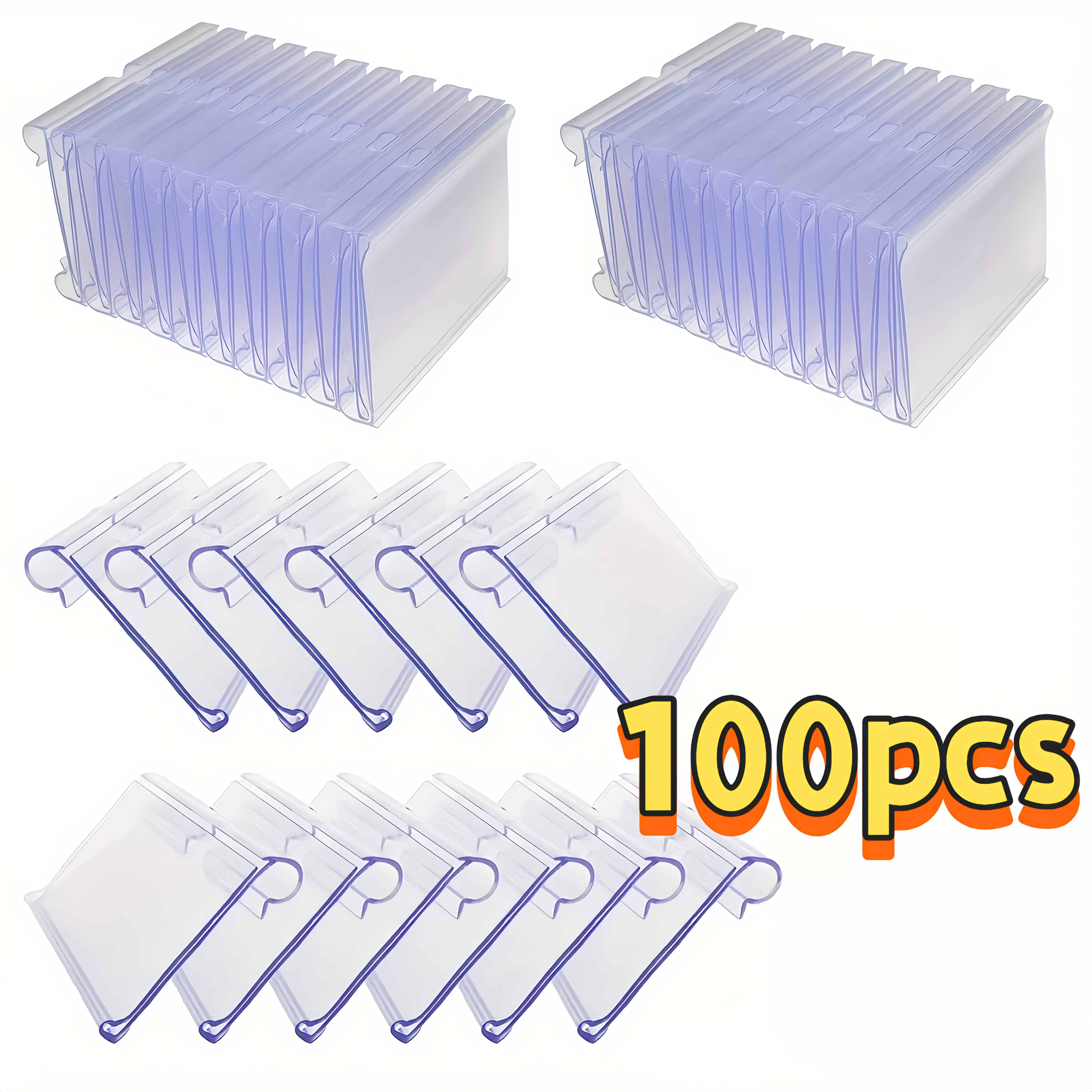 E-shop 100 Stück Transparente PVC-Etikettenhalter mit blauen Haken – Langlebige Klare Plastik-Organizer für Preisschilder, Ladeneinlagen – Ideal für