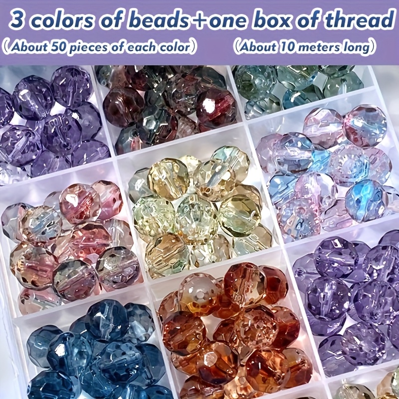Image of 150 10mm Beads + Of Thread Combination Set, Glazed Ball Crystal Irregular Crystal Round Beads Glass Beads Handmade Bracelet Necklace Material