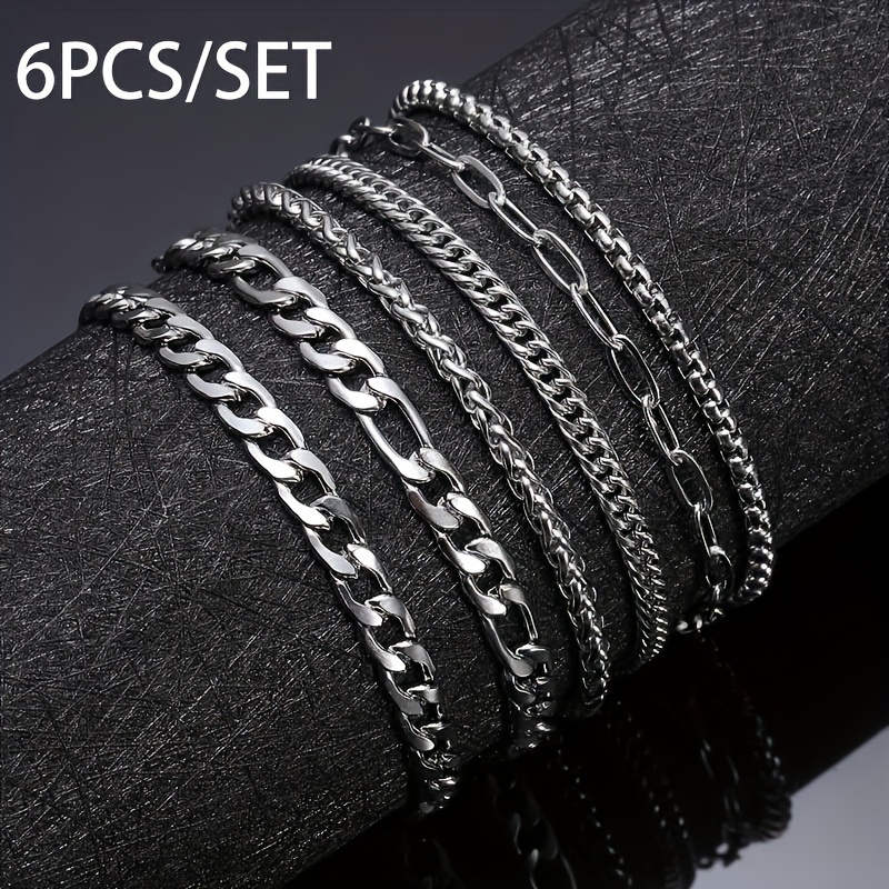 

6pcs Stainless Steel Men's Bracelet Set - Elegant, Hypoallergenic, 201 Stainless Chain Jewelry - No Magnet, Water & Fade Resistant - Ideal For Father's Day & Casual Wear