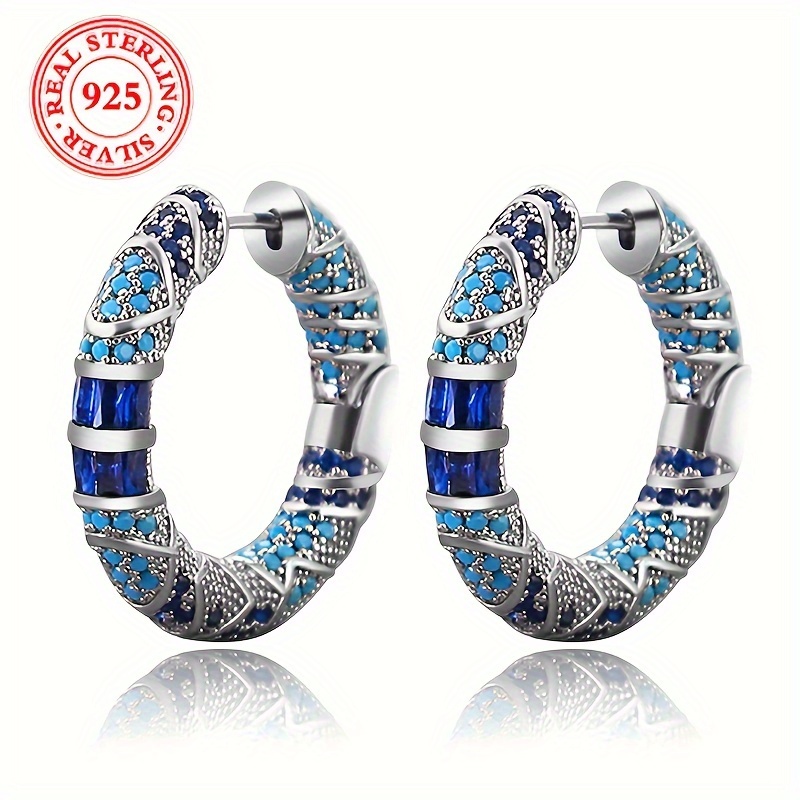 

Vintage Tribal-inspired 925 Sterling Silver Hoop Earrings For Women With Synthetic Blue Zirconia Stones, Silver Plated, July Birthstone, Perfect For Daily Wear & Banquets - Pair