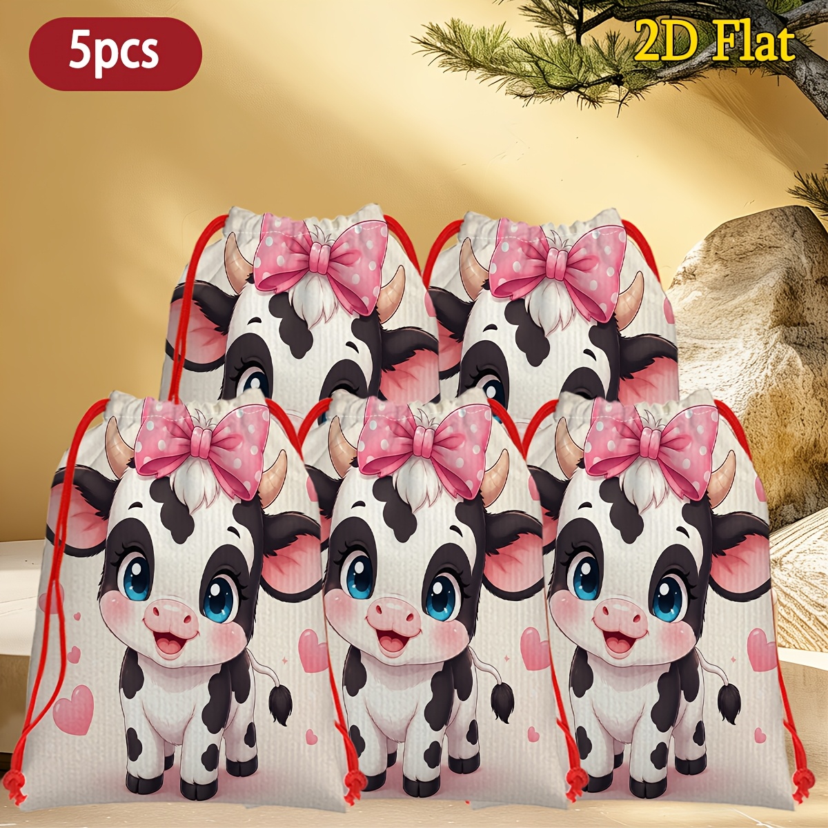 TEMU Gift For Her/him 5pcs Cow-themed Gift Bags Suitable For Christmas, Easter, New Year & Party Decorations - Reusable Adjustable Drawstring Closure