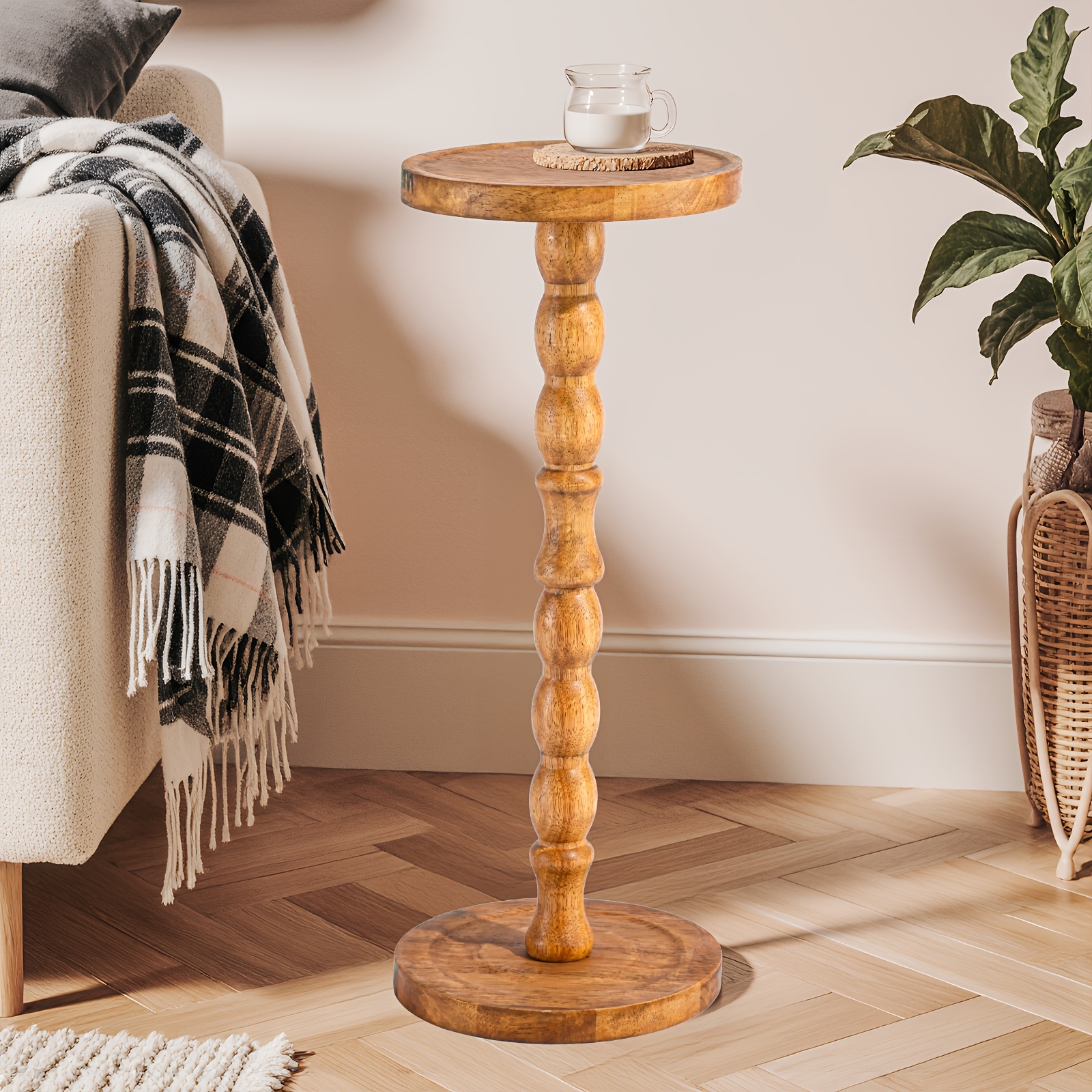 Solid Wood Coffee Table, T-shaped Round Side Table Walnut Color, Structure Strong Bearing No Shaking, Solid Wood Sturdy Durable, 60cm Height Compact Perfect, For Living Room Sofa Side Balcony