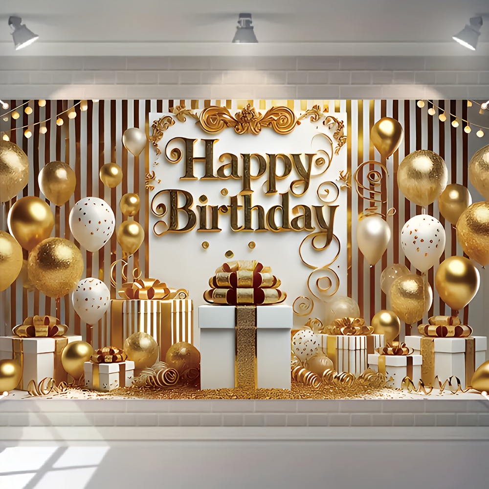 

1pc Luxurious Golden Birthday Party Banner - "x43.3" Polyester, Indoor/outdoor Decoration With Balloons, Gift Boxes & For & Celebration, Birthday Party Decorations